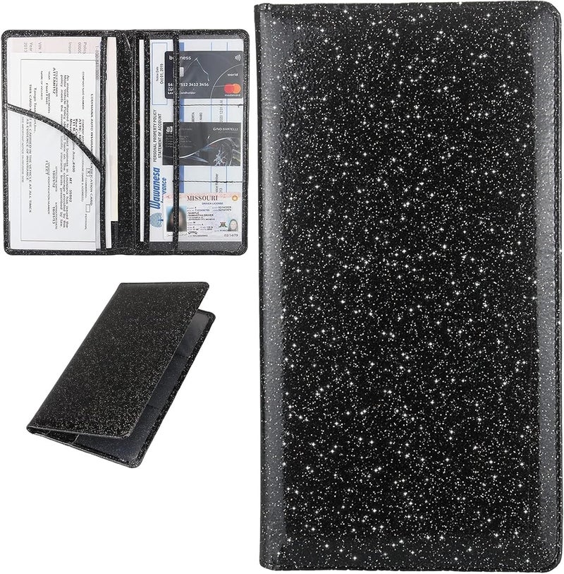 Miunice Car Registration and Insurance Holder, Bling Premium Pu Leather Vehicle Glove Box Organizer, Prefect Leather License Registration Holder for Driver License, Cards & Essential Documents (Black) - Image 1